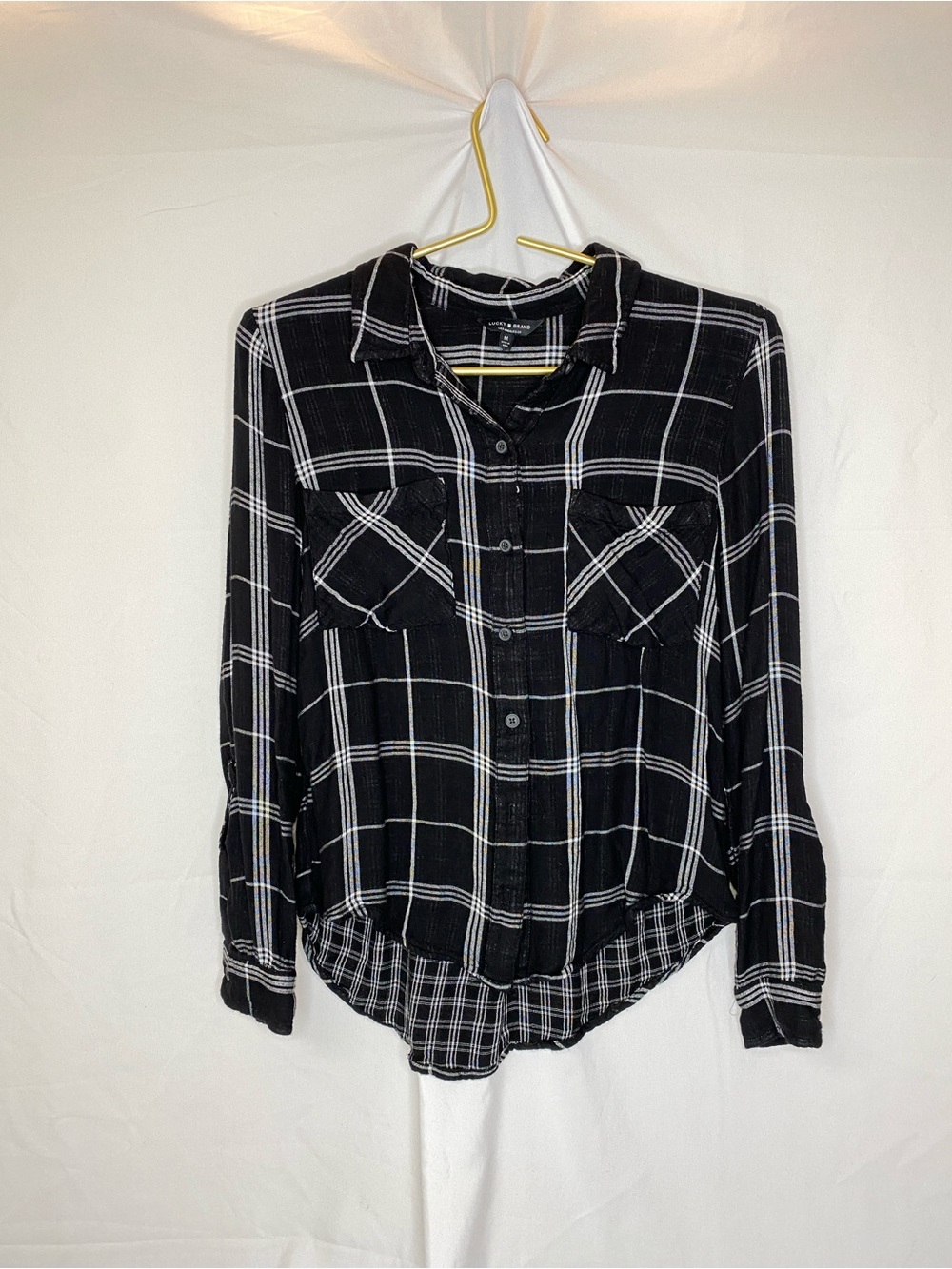 Lucky Brand Black and White Plaid Button-Up Shirt size medium